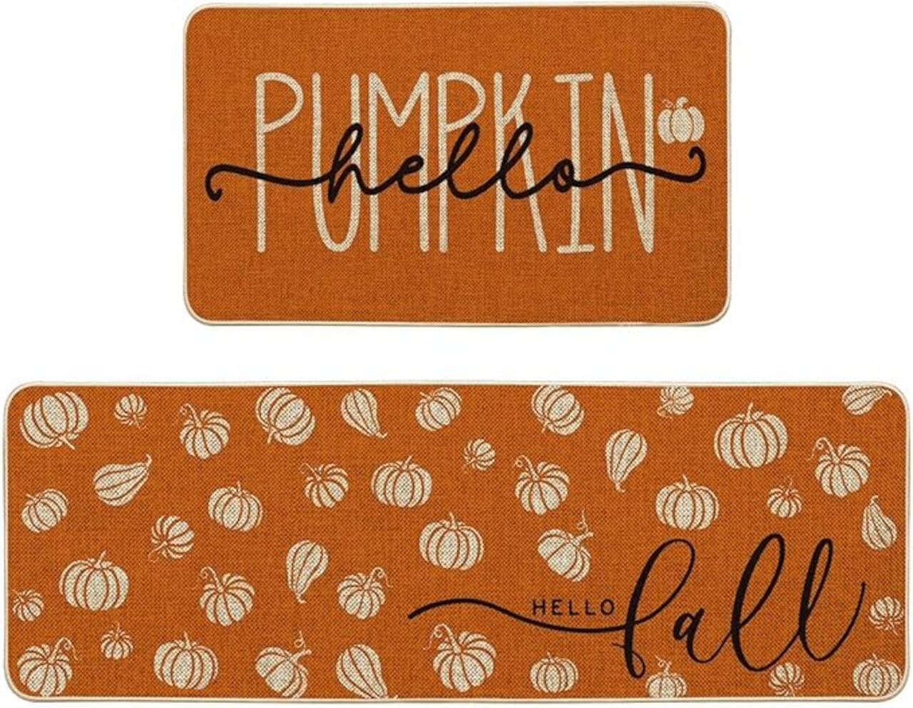 Orange Hello Pumpkin Fall Kitchen Mats Set of 2, Autumn Home Decor Low-Profile Kitchen Rugs for Floor (17x29 and 17x47 Inch)